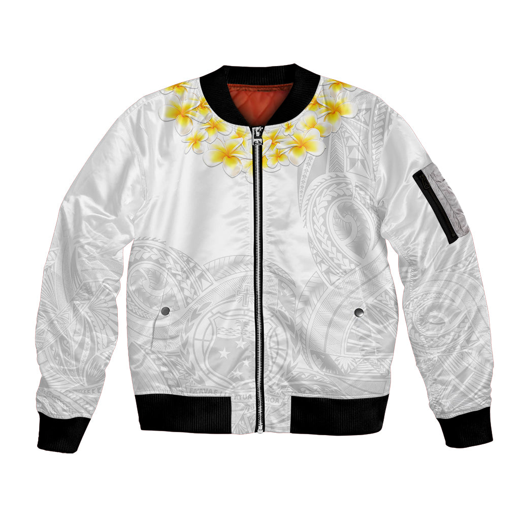 Personalised Samoa White Sunday Sleeve Zip Bomber Jacket Lotu Tamaiti 2023 With Coat Of Arms LT14 Unisex White - Polynesian Pride