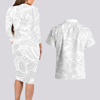 Polynesia White Sunday Couples Matching Long Sleeve Bodycon Dress and Hawaiian Shirt Polynesian Pattern With Tropical Flowers LT14 - Polynesian Pride