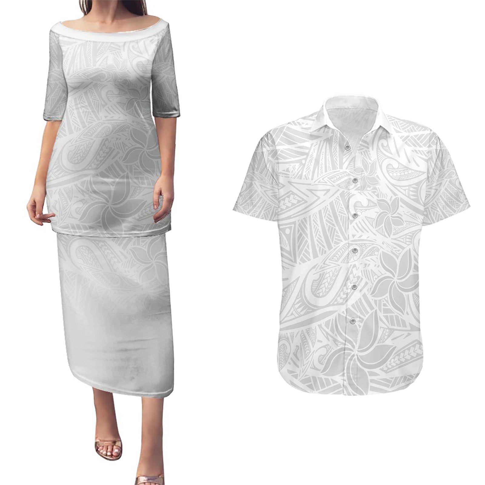 Polynesia White Sunday Couples Matching Puletasi Dress and Hawaiian Shirt Polynesian Pattern With Tropical Flowers LT14 White - Polynesian Pride