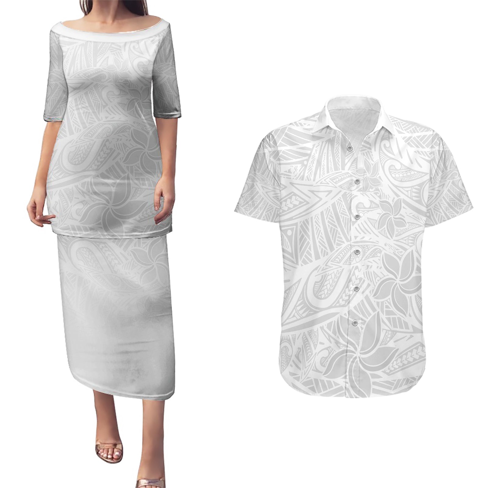 Polynesia White Sunday Couples Matching Puletasi Dress and Hawaiian Shirt Polynesian Pattern With Tropical Flowers LT14 White - Polynesian Pride