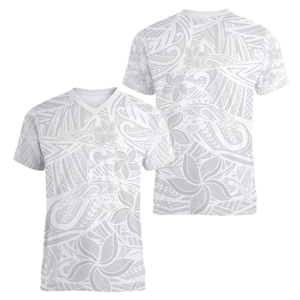 Polynesia White Sunday Women V Neck T Shirt Polynesian Pattern With Tropical Flowers LT14 - Polynesian Pride
