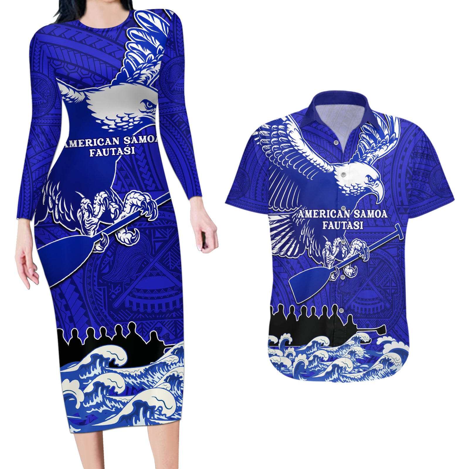 Personalised American Samoa Fautasi Race Couples Matching Long Sleeve Bodycon Dress and Hawaiian Shirt Eagle With Polynesian Pattern LT14 Blue - Polynesian Pride