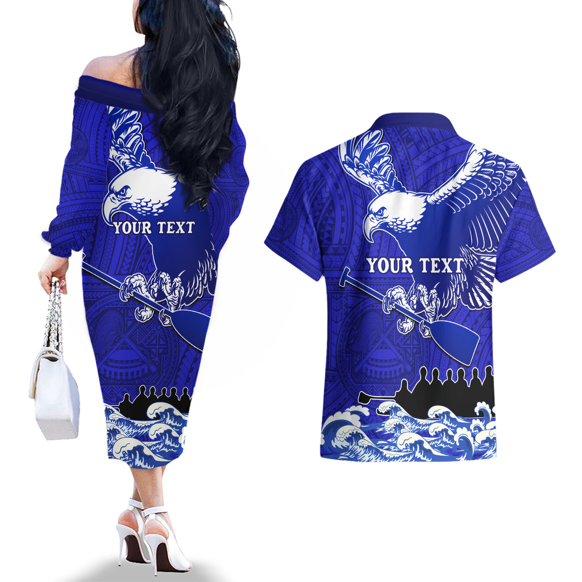 Personalised American Samoa Fautasi Race Couples Matching Off The Shoulder Long Sleeve Dress and Hawaiian Shirt Eagle With Polynesian Pattern LT14 - Polynesian Pride