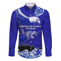 Personalised American Samoa Fautasi Race Family Matching Long Sleeve Bodycon Dress and Hawaiian Shirt Eagle With Polynesian Pattern LT14 Dad's Shirt - Long Sleeve Blue - Polynesian Pride