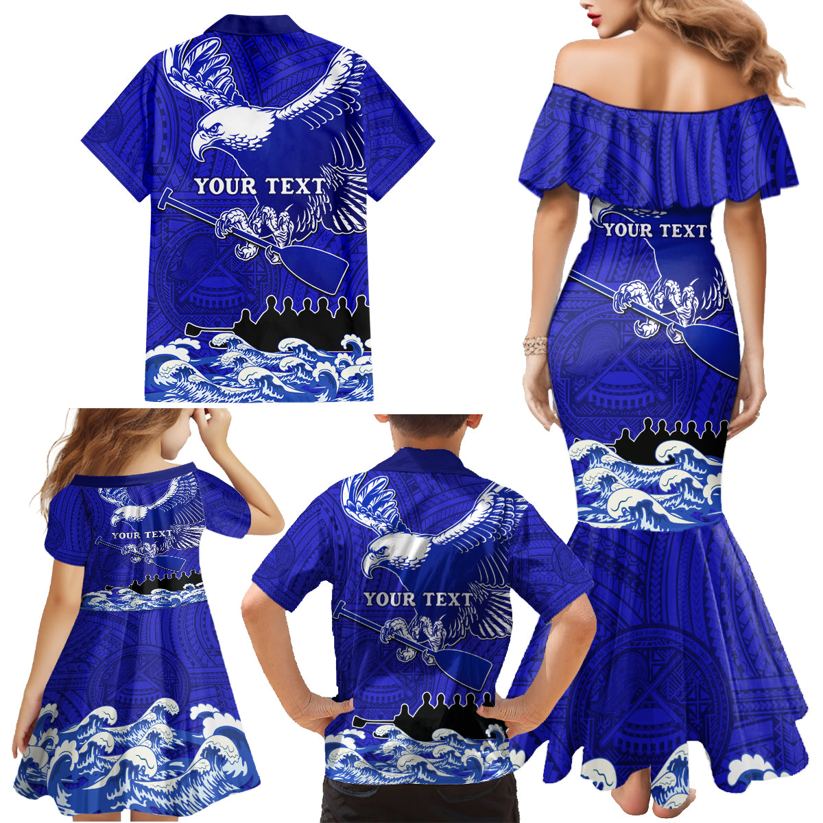 Personalised American Samoa Fautasi Race Family Matching Mermaid Dress and Hawaiian Shirt Eagle With Polynesian Pattern LT14 - Polynesian Pride