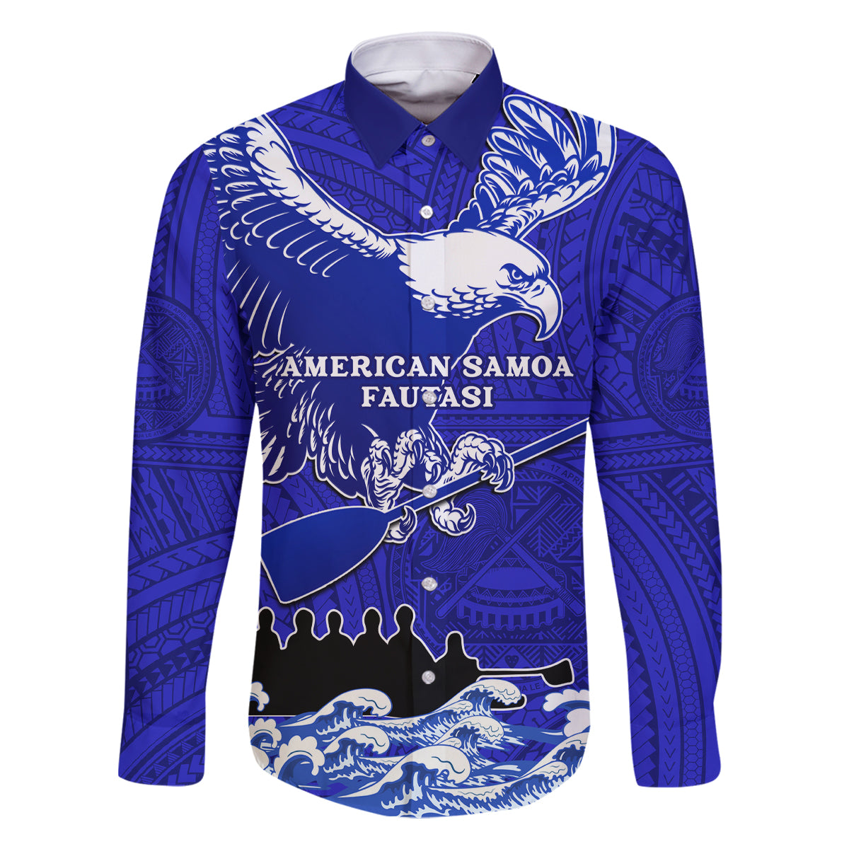 Personalised American Samoa Fautasi Race Family Matching Off Shoulder Maxi Dress and Hawaiian Shirt Eagle With Polynesian Pattern LT14 Dad's Shirt - Long Sleeve Blue - Polynesian Pride