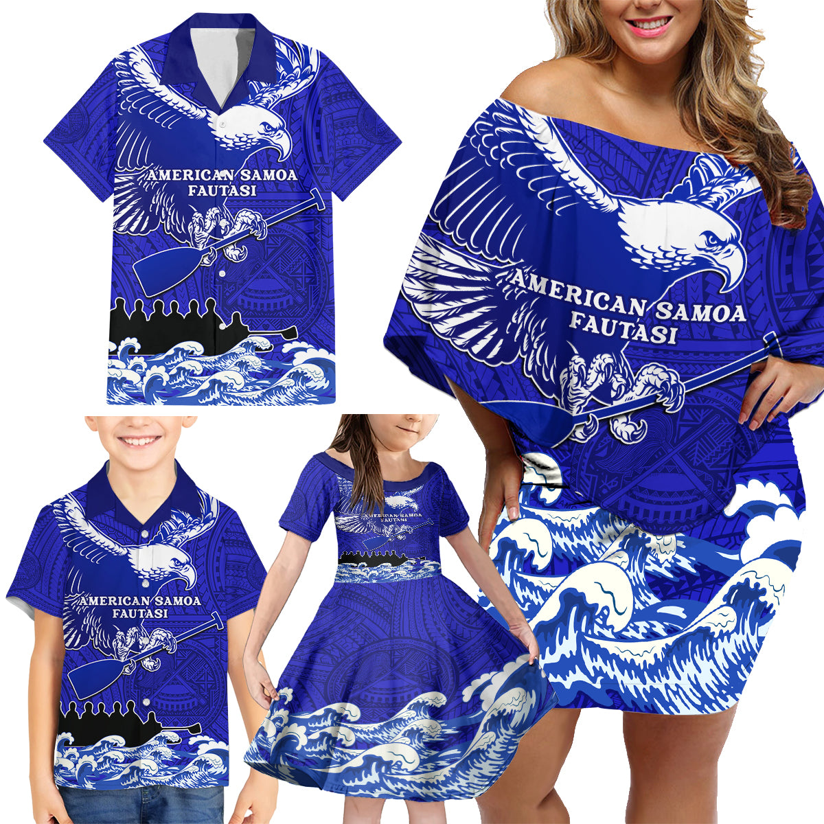 Personalised American Samoa Fautasi Race Family Matching Off Shoulder Short Dress and Hawaiian Shirt Eagle With Polynesian Pattern LT14 - Polynesian Pride
