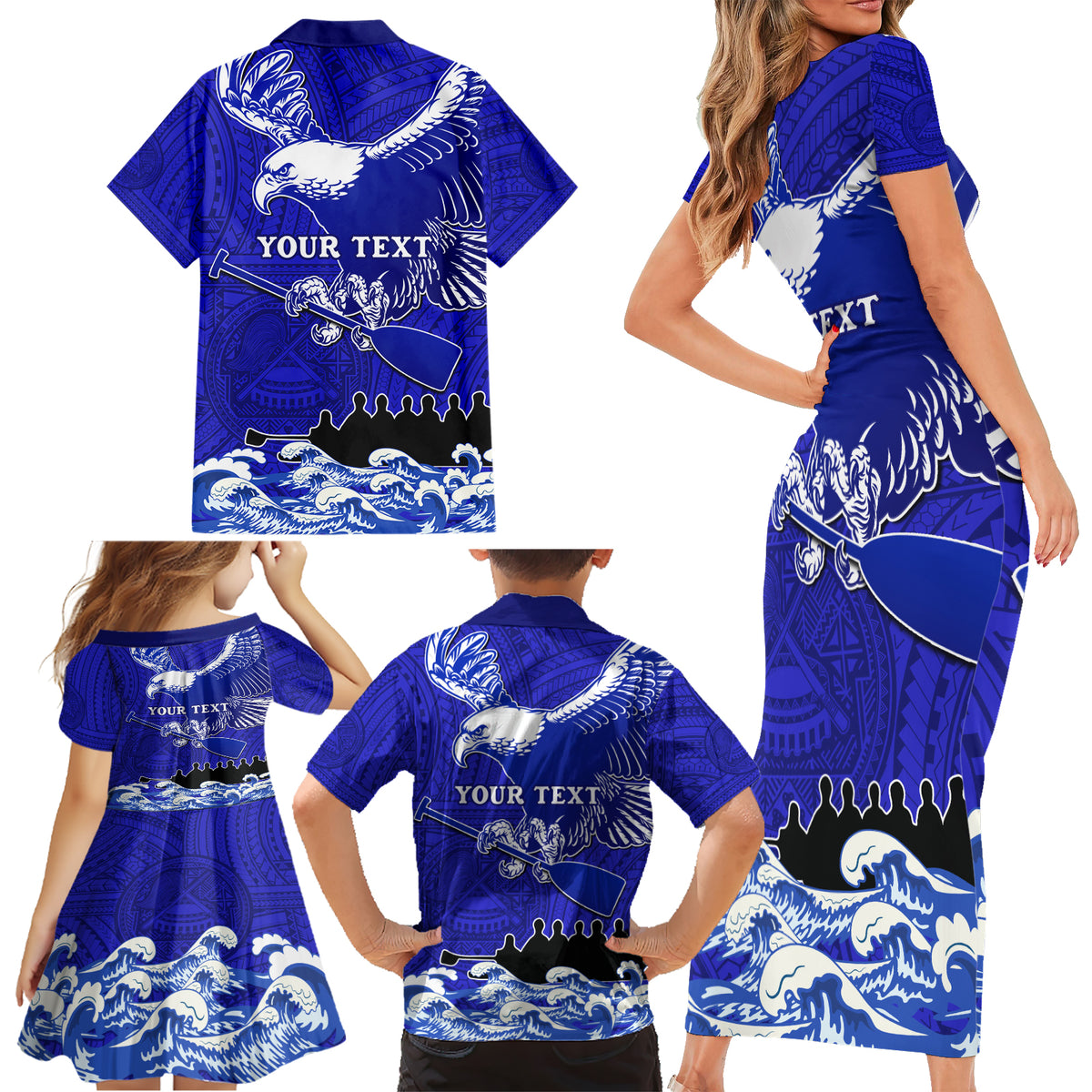 Personalised American Samoa Fautasi Race Family Matching Short Sleeve Bodycon Dress and Hawaiian Shirt Eagle With Polynesian Pattern LT14 - Polynesian Pride