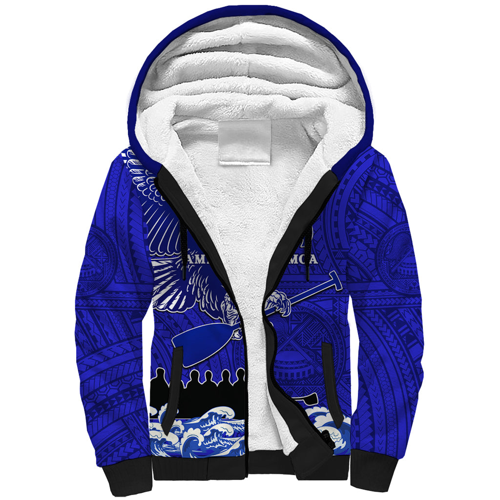 Personalised American Samoa Fautasi Race Sherpa Hoodie Eagle With Polynesian Pattern LT14 Unisex Blue - Polynesian Pride