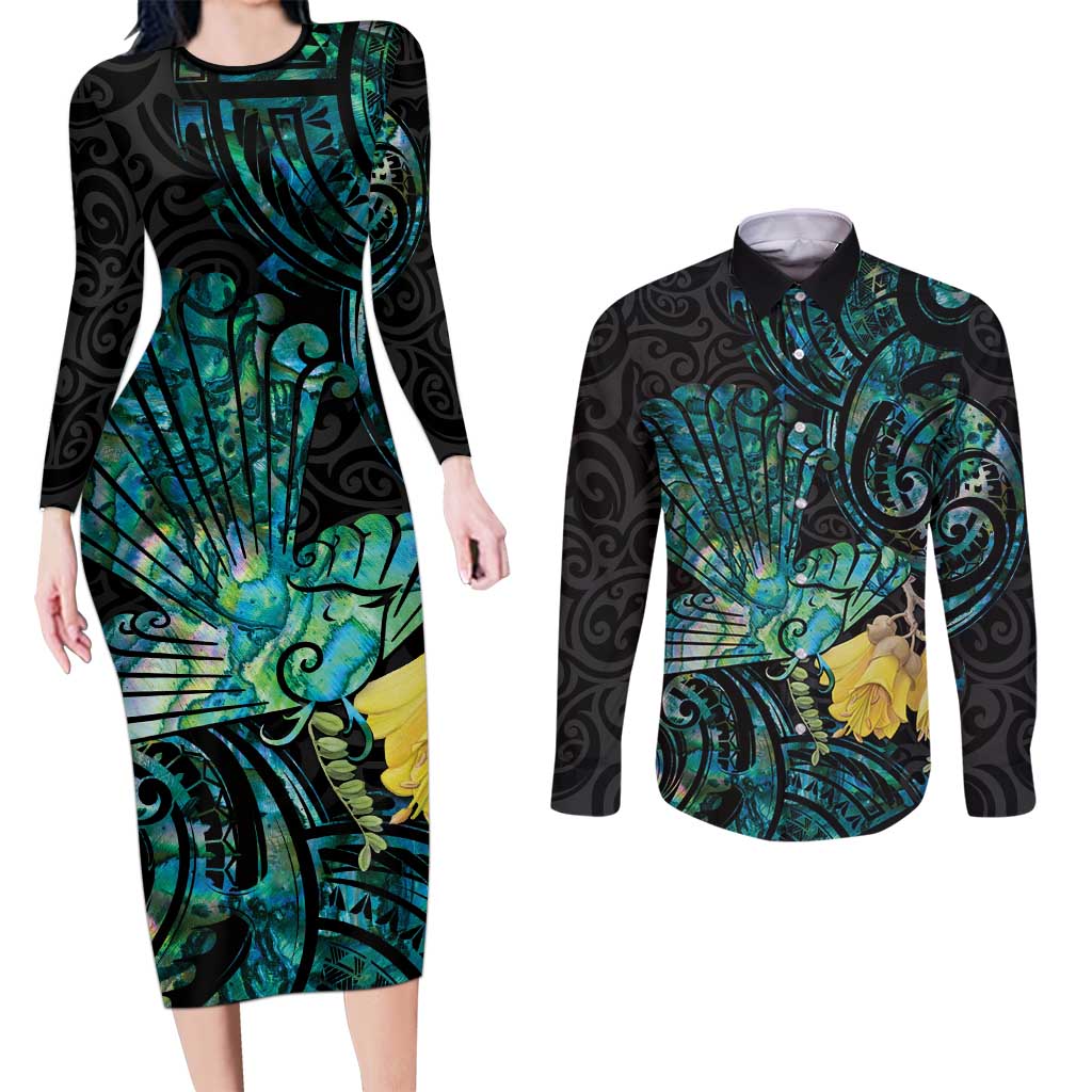 New Zealand Fantail Bird Couples Matching Long Sleeve Bodycon Dress and Long Sleeve Button Shirt Maori Piwakawaka Kowhai - Paua Shell Pattern LT14 Green - Polynesian Pride