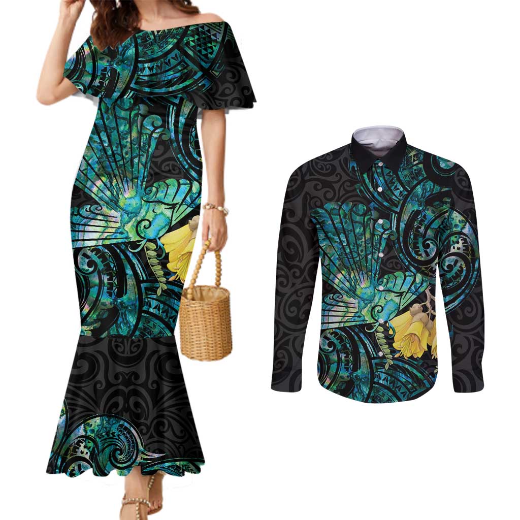 New Zealand Fantail Bird Couples Matching Mermaid Dress and Long Sleeve Button Shirt Maori Piwakawaka Kowhai - Paua Shell Pattern