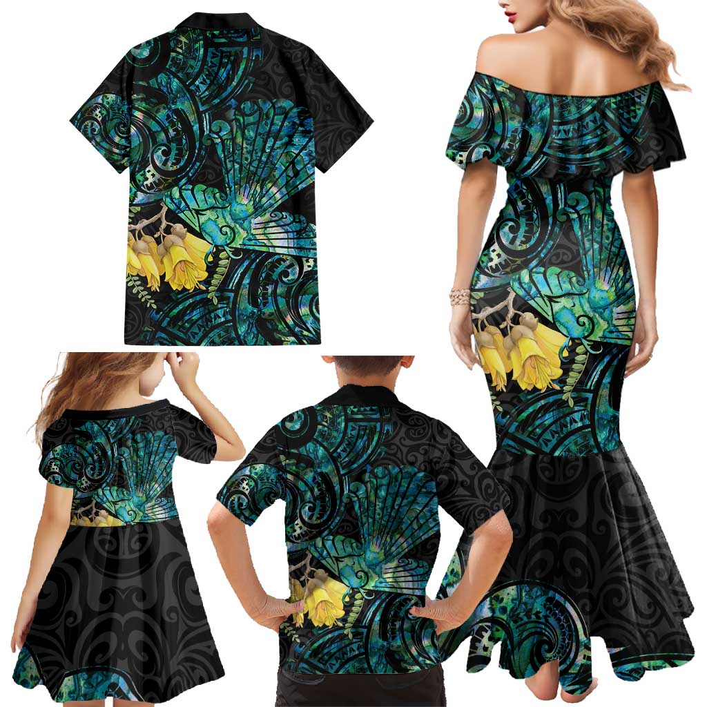 New Zealand Fantail Bird Family Matching Mermaid Dress and Hawaiian Shirt Maori Piwakawaka Kowhai - Paua Shell Pattern