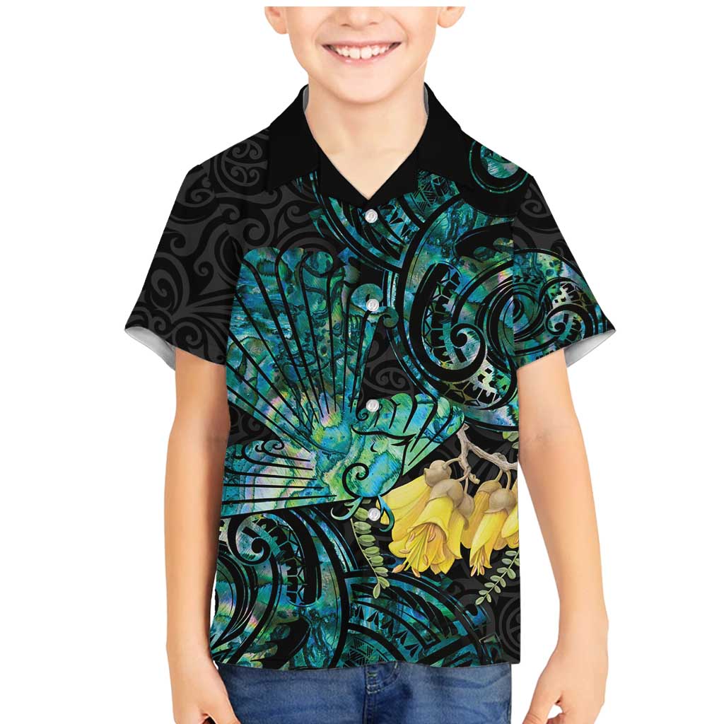 New Zealand Fantail Bird Family Matching Mermaid Dress and Hawaiian Shirt Maori Piwakawaka Kowhai - Paua Shell Pattern