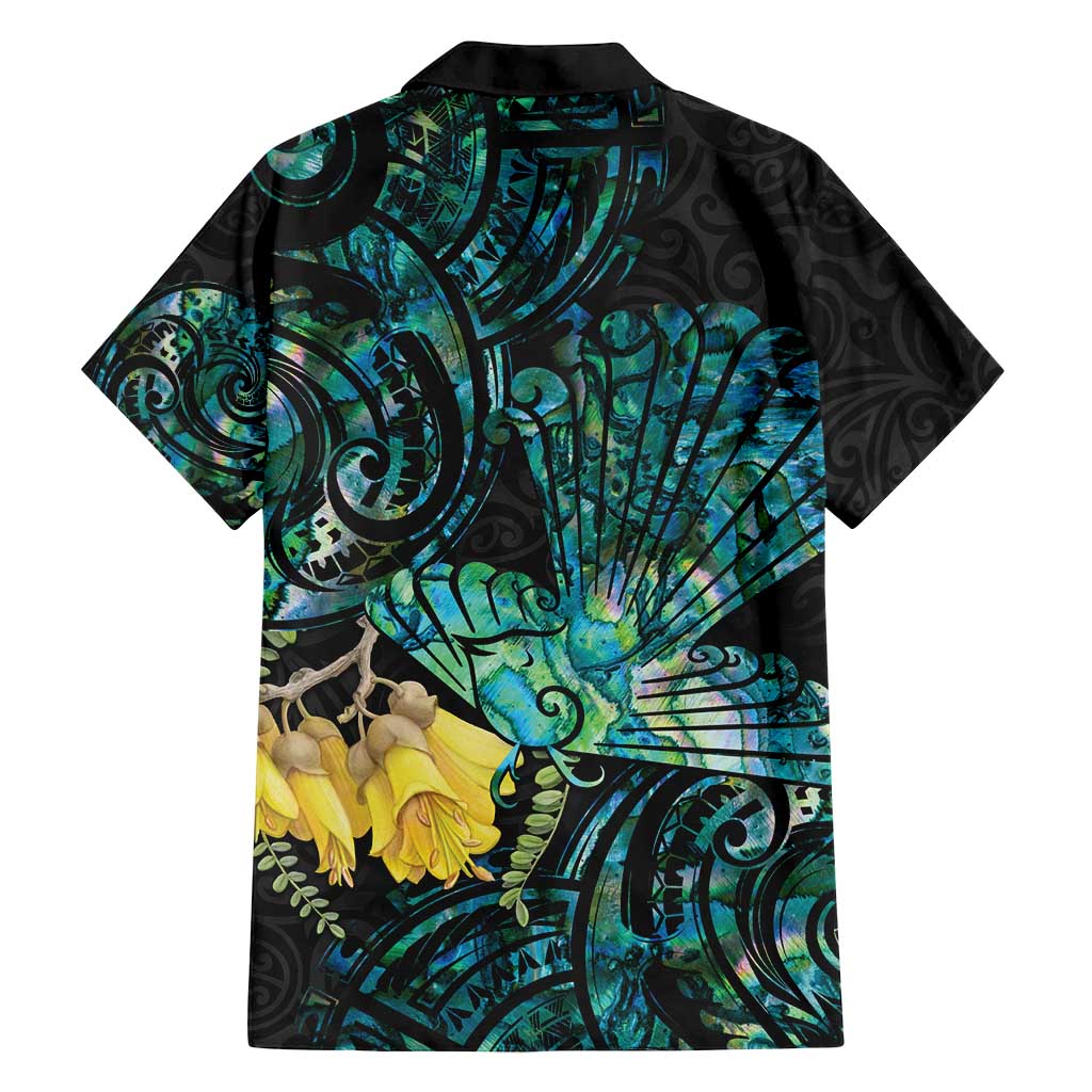 New Zealand Fantail Bird Family Matching Off Shoulder Maxi Dress and Hawaiian Shirt Maori Piwakawaka Kowhai - Paua Shell Pattern