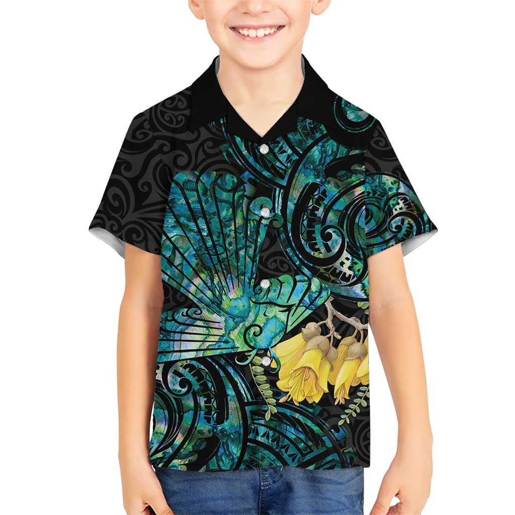 New Zealand Fantail Bird Family Matching Off Shoulder Maxi Dress and Hawaiian Shirt Maori Piwakawaka Kowhai - Paua Shell Pattern