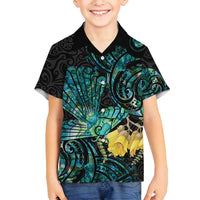 New Zealand Fantail Bird Family Matching Off Shoulder Maxi Dress and Hawaiian Shirt Maori Piwakawaka Kowhai - Paua Shell Pattern