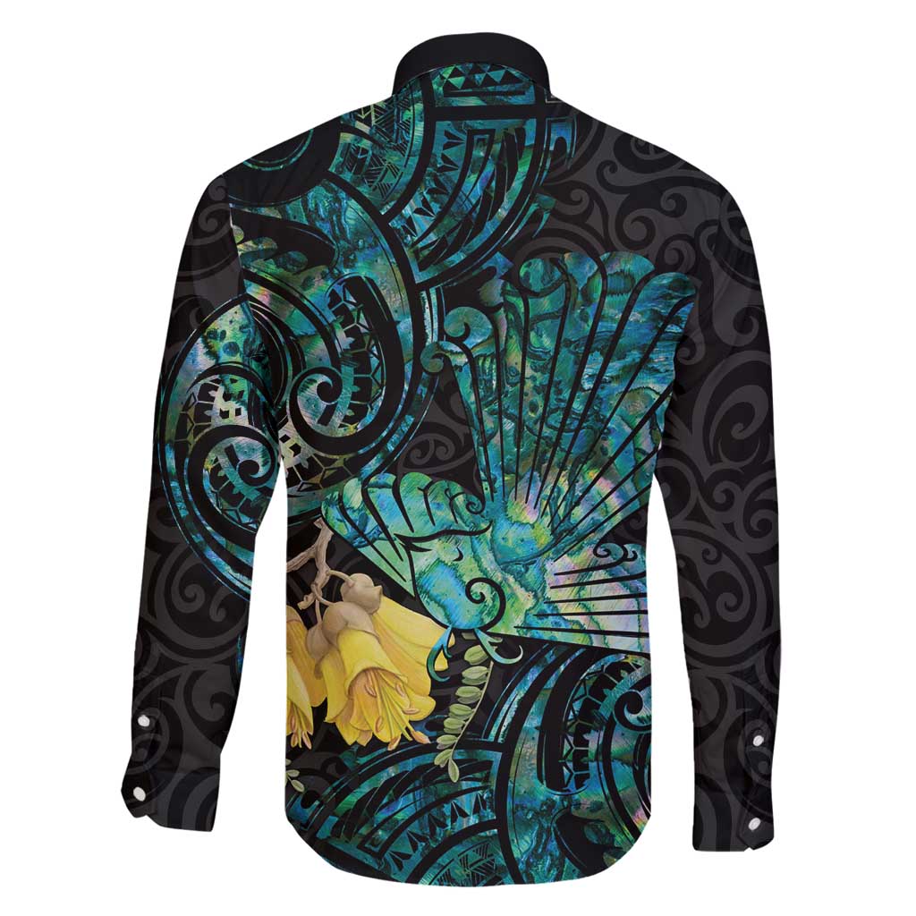New Zealand Fantail Bird Family Matching Off Shoulder Short Dress and Hawaiian Shirt Maori Piwakawaka Kowhai - Paua Shell Pattern