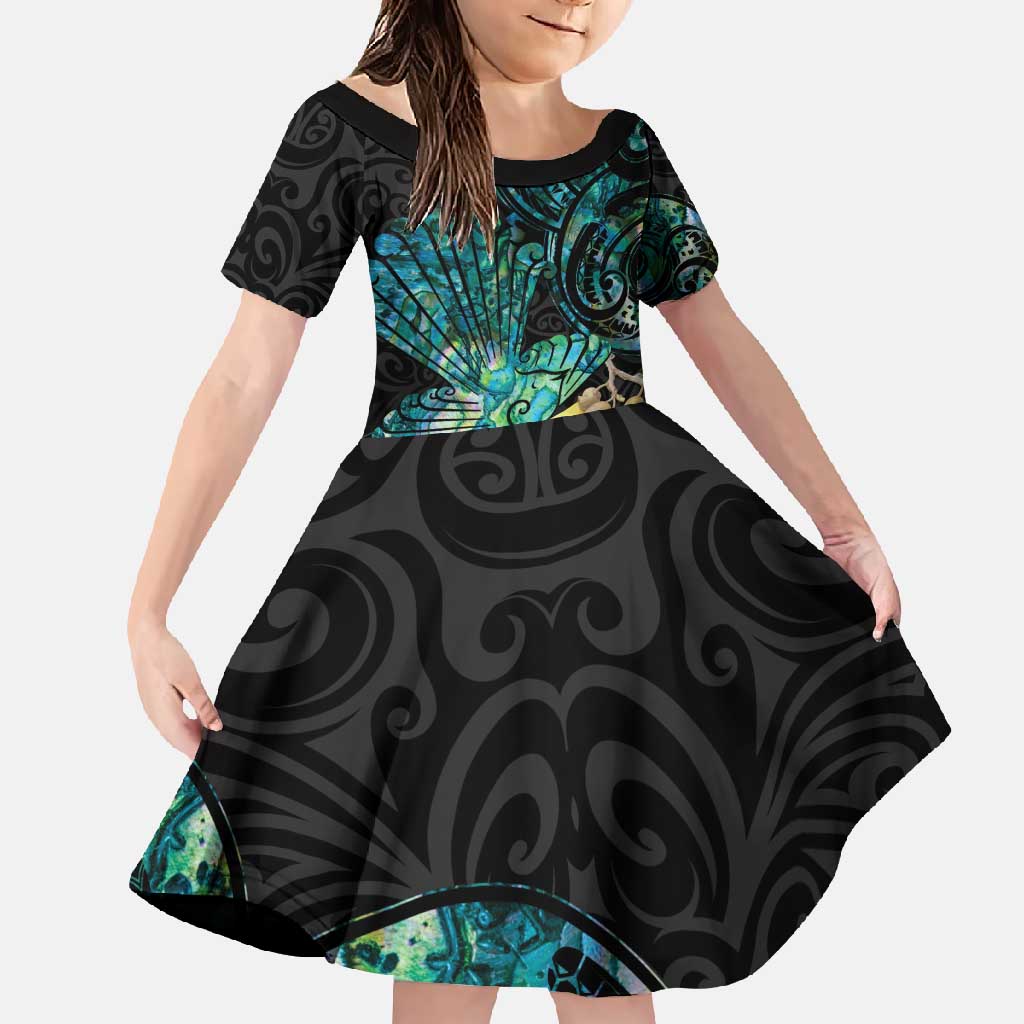 New Zealand Fantail Bird Family Matching Tank Maxi Dress and Hawaiian Shirt Maori Piwakawaka Kowhai - Paua Shell Pattern
