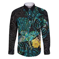 New Zealand Fantail Bird Family Matching Tank Maxi Dress and Hawaiian Shirt Maori Piwakawaka Kowhai - Paua Shell Pattern