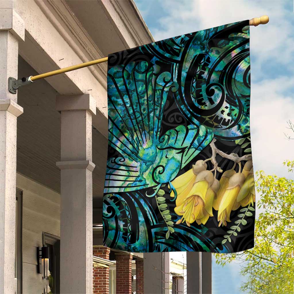 New Zealand Fantail Bird Garden Flag Maori Piwakawaka Kowhai - Paua Shell Pattern LT14 House Flag Green - Polynesian Pride
