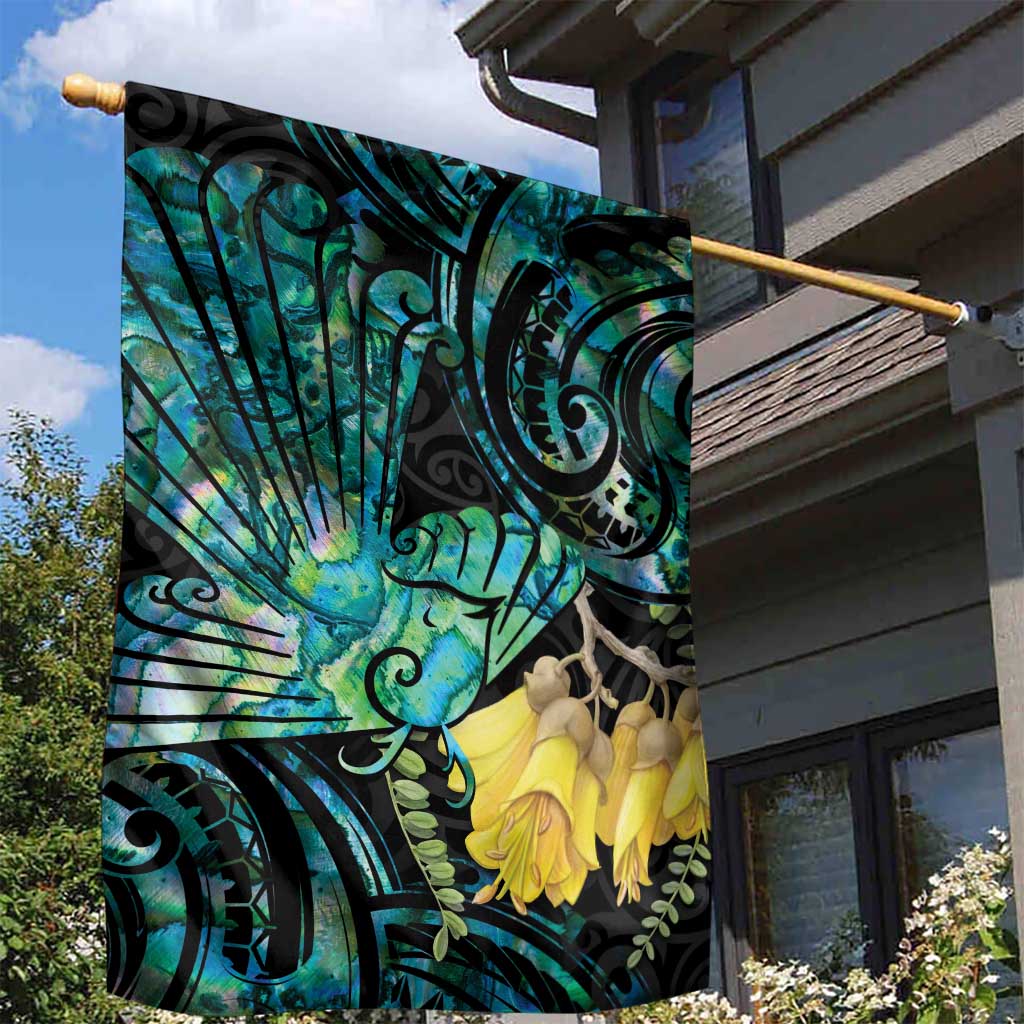 New Zealand Fantail Bird Garden Flag Maori Piwakawaka Kowhai - Paua Shell Pattern LT14 - Polynesian Pride