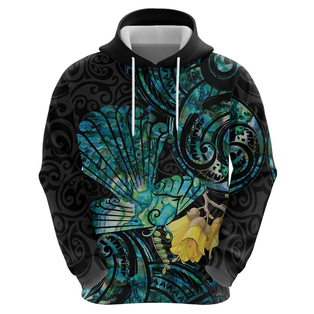New Zealand Fantail Bird Hoodie Maori Piwakawaka Kowhai - Paua Shell Pattern