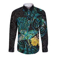 New Zealand Fantail Bird Long Sleeve Button Shirt Maori Piwakawaka Kowhai - Paua Shell Pattern