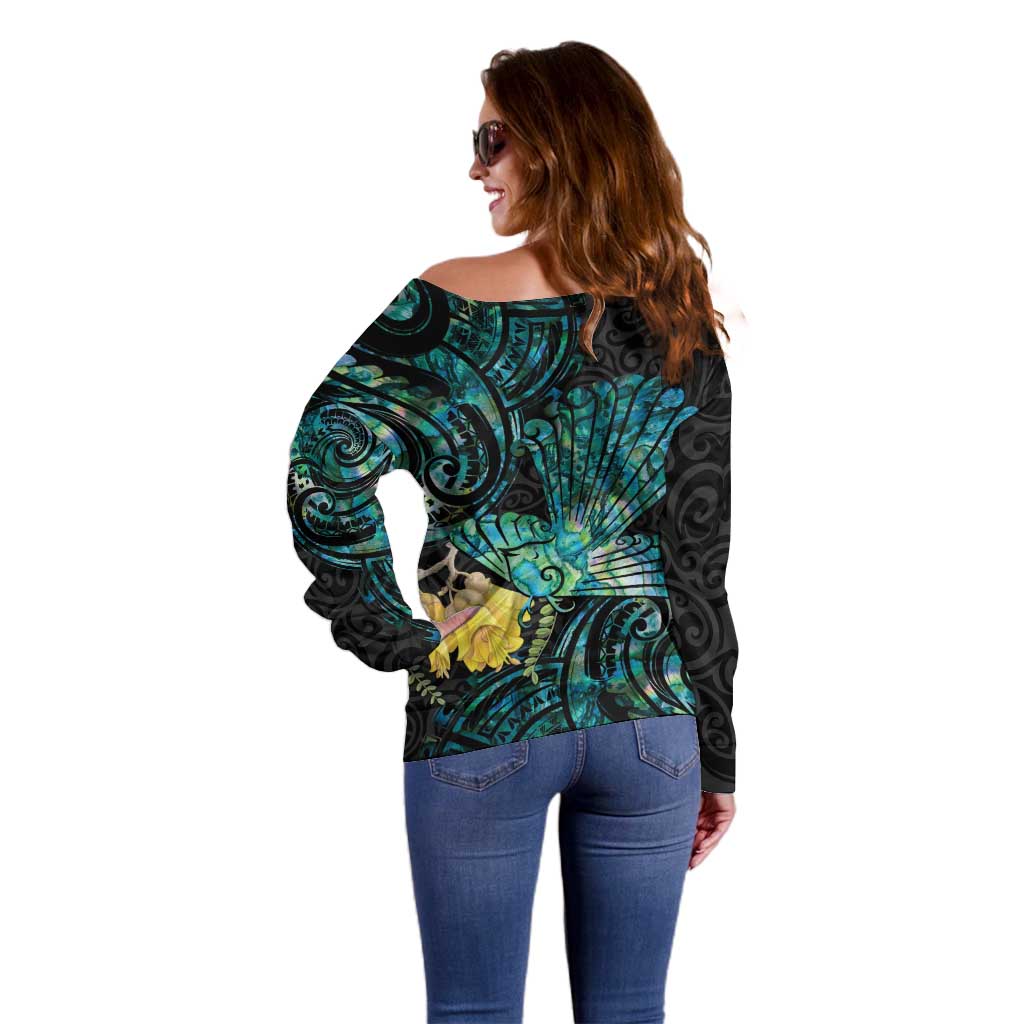 New Zealand Fantail Bird Off Shoulder Sweater Maori Piwakawaka Kowhai - Paua Shell Pattern