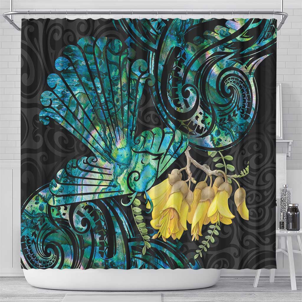 New Zealand Fantail Bird Shower Curtain Maori Piwakawaka Kowhai - Paua Shell Pattern