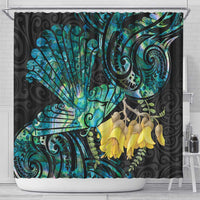 New Zealand Fantail Bird Shower Curtain Maori Piwakawaka Kowhai - Paua Shell Pattern
