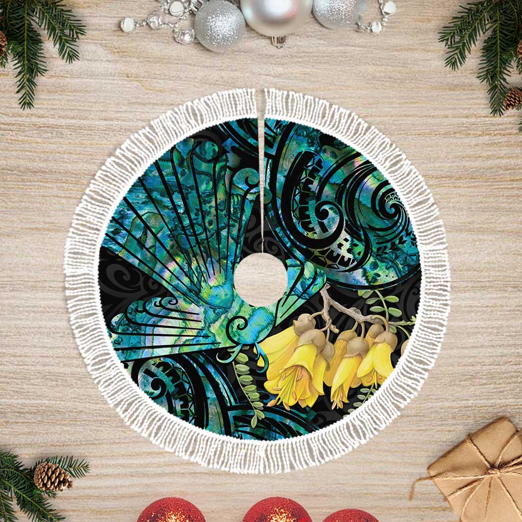 New Zealand Fantail Bird Tree Skirt Maori Piwakawaka Kowhai - Paua Shell Pattern LT14 Fringed Green - Polynesian Pride