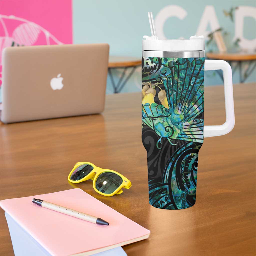 New Zealand Fantail Bird Tumbler With Handle Maori Piwakawaka Kowhai - Paua Shell Pattern