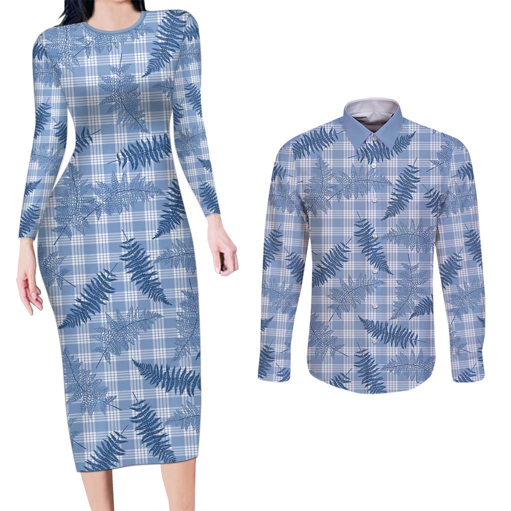 Blue Palaka Hawaii Palapalai Couples Matching Long Sleeve Bodycon Dress and Long Sleeve Button Shirt Hawaiian Fern LT14 Blue - Polynesian Pride