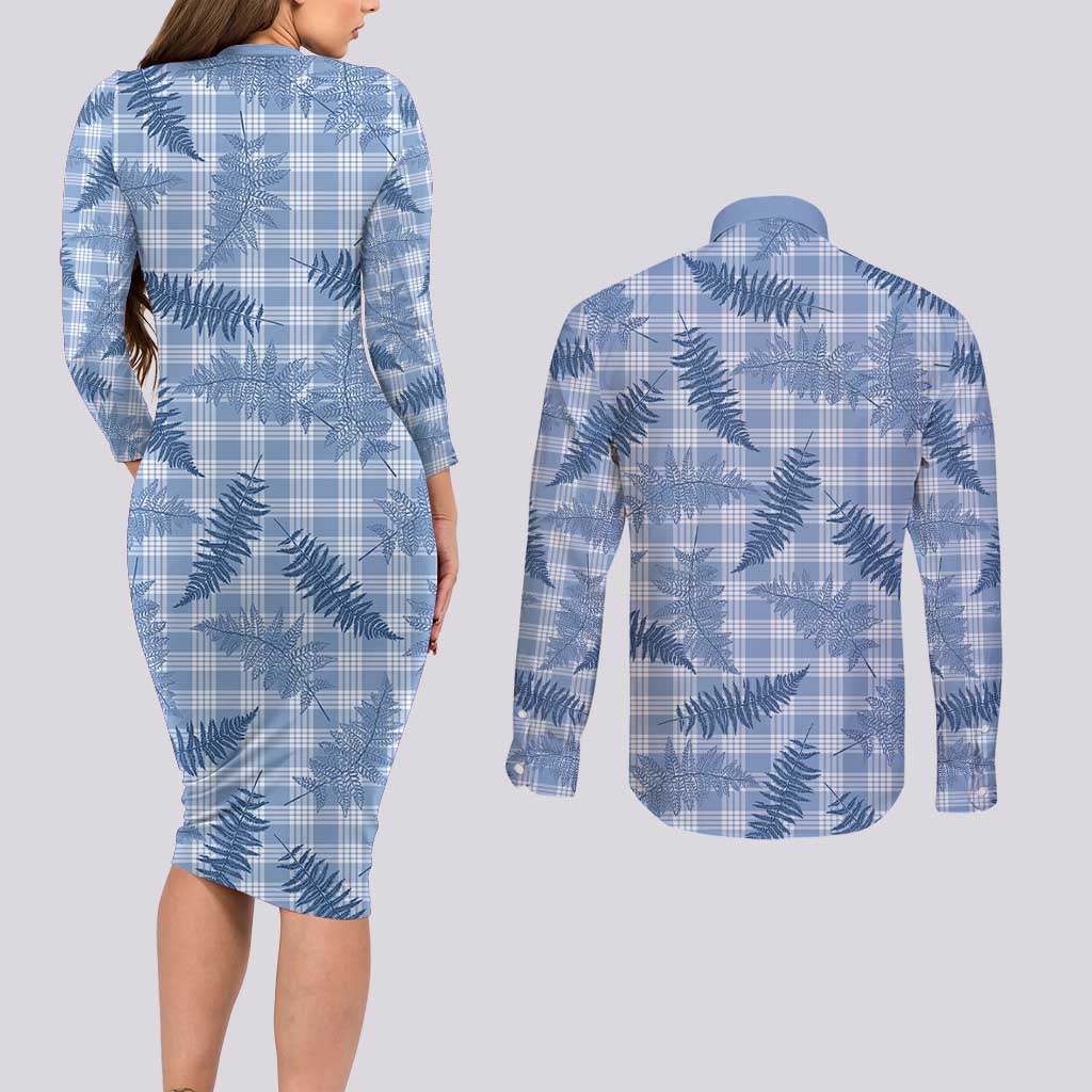 Blue Palaka Hawaii Palapalai Couples Matching Long Sleeve Bodycon Dress and Long Sleeve Button Shirt Hawaiian Fern LT14 - Polynesian Pride