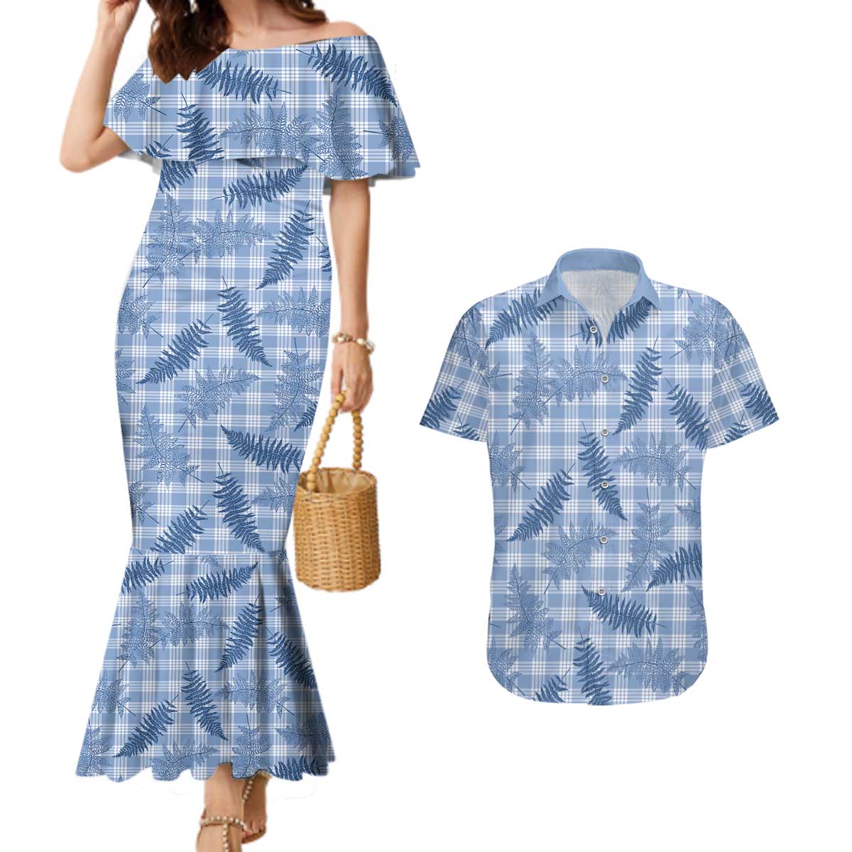 Blue Palaka Hawaii Palapalai Couples Matching Mermaid Dress and Hawaiian Shirt Hawaiian Fern LT14 Blue - Polynesian Pride