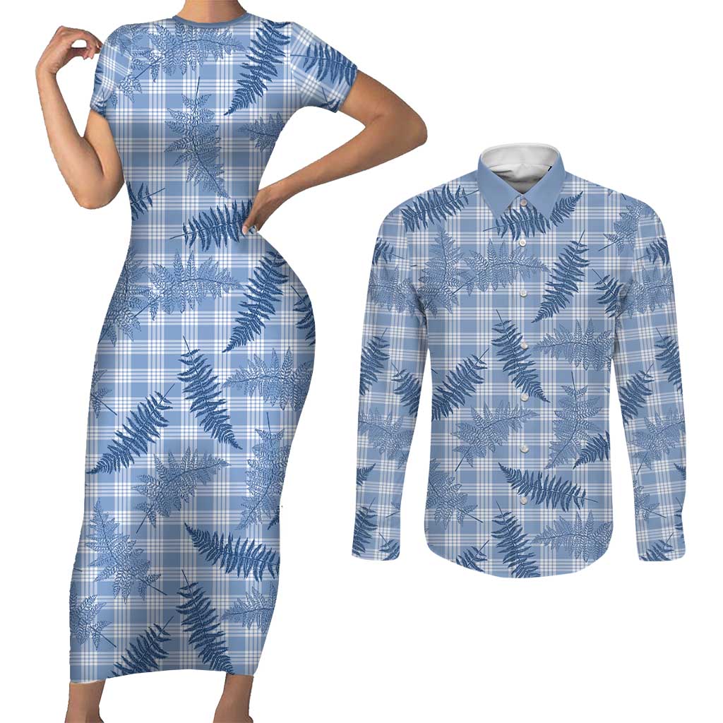 Blue Palaka Hawaii Palapalai Couples Matching Short Sleeve Bodycon Dress and Long Sleeve Button Shirt Hawaiian Fern - Polynesian Pride