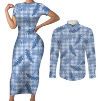 Blue Palaka Hawaii Palapalai Couples Matching Short Sleeve Bodycon Dress and Long Sleeve Button Shirt Hawaiian Fern - Polynesian Pride