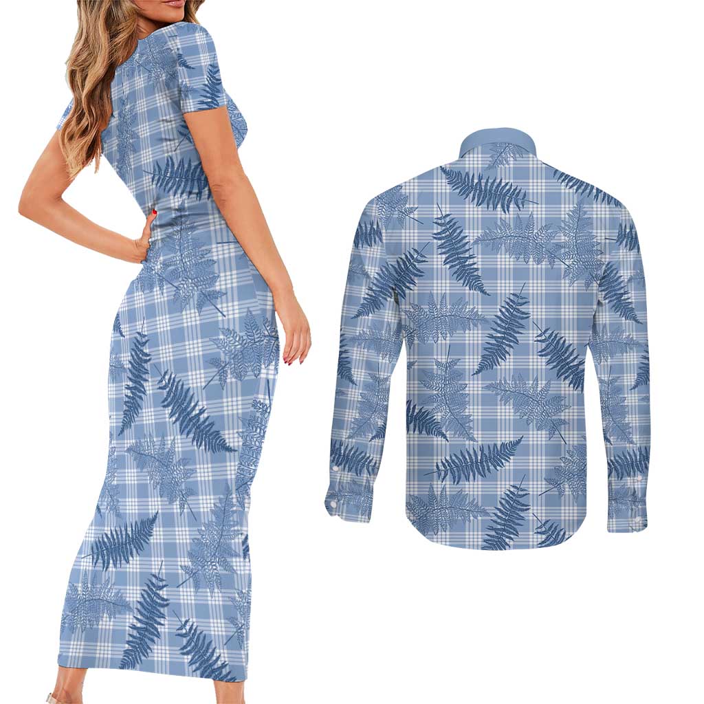 Blue Palaka Hawaii Palapalai Couples Matching Short Sleeve Bodycon Dress and Long Sleeve Button Shirt Hawaiian Fern - Polynesian Pride