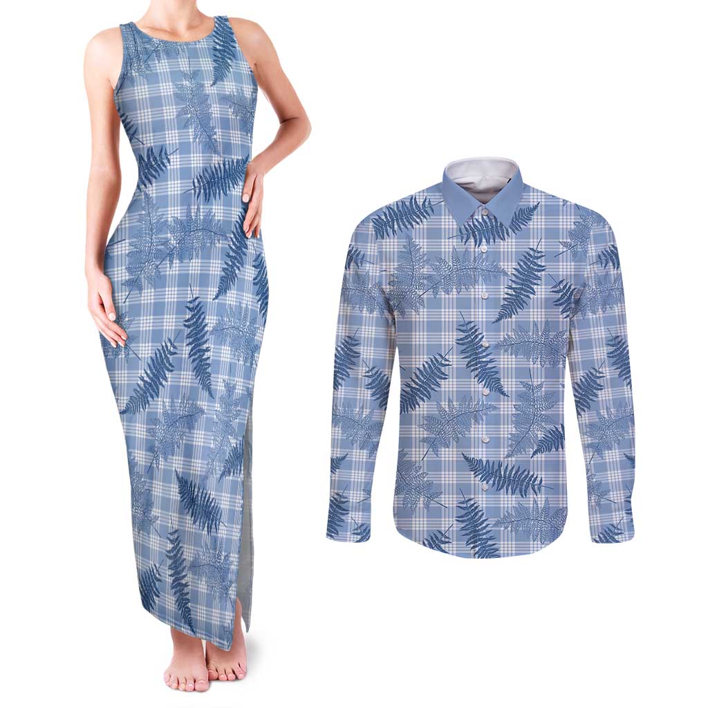 Blue Palaka Hawaii Palapalai Couples Matching Tank Maxi Dress and Long Sleeve Button Shirt Hawaiian Fern LT14 Blue - Polynesian Pride