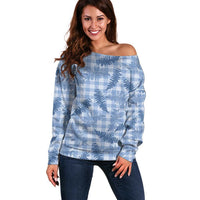 Blue Palaka Hawaii Palapalai Off Shoulder Sweater Hawaiian Fern - Polynesian Pride