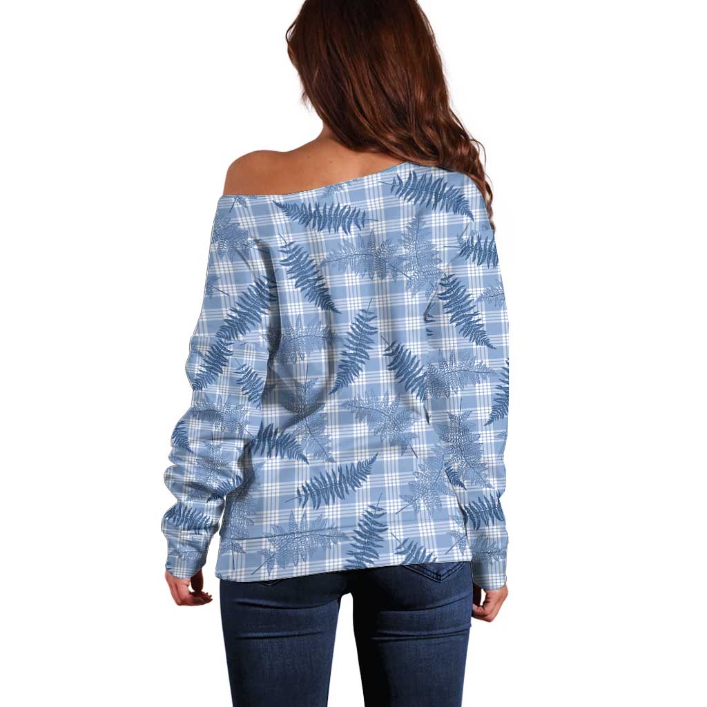 Blue Palaka Hawaii Palapalai Off Shoulder Sweater Hawaiian Fern - Polynesian Pride