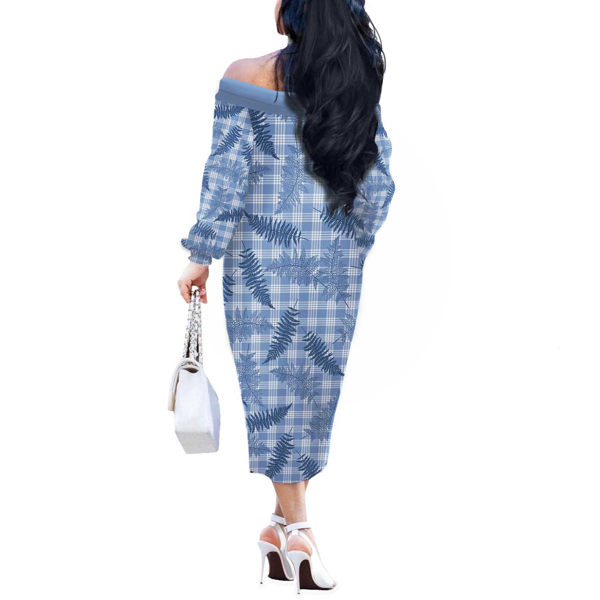 Blue Palaka Hawaii Palapalai Off The Shoulder Long Sleeve Dress Hawaiian Fern LT14 - Polynesian Pride