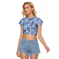 Blue Palaka Hawaii Palapalai Raglan Cropped T Shirt Hawaiian Fern - Polynesian Pride