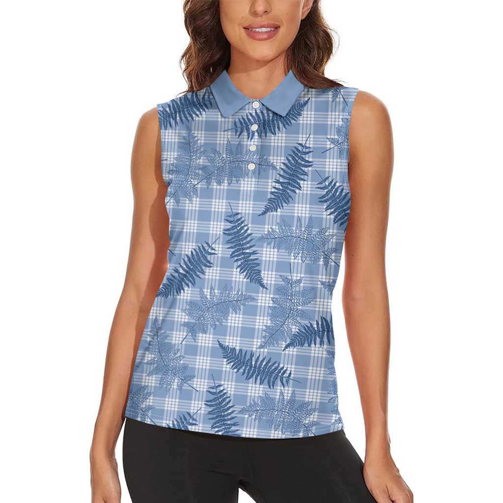Blue Palaka Hawaii Palapalai Women Sleeveless Polo Shirt Hawaiian Fern - Polynesian Pride
