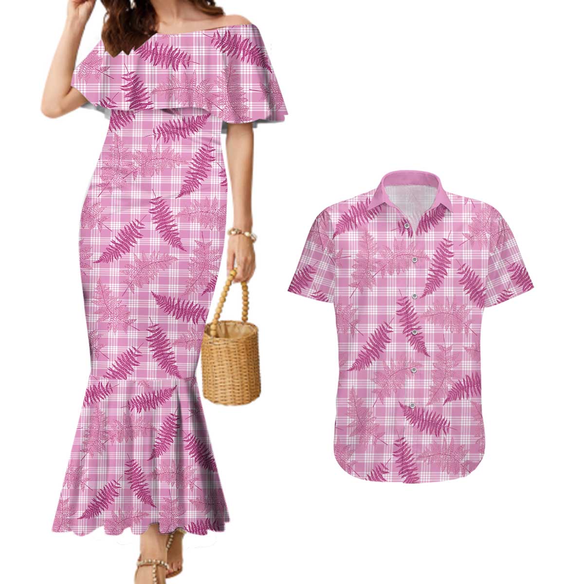 Purple Palaka Hawaii Palapalai Couples Matching Mermaid Dress and Hawaiian Shirt Hawaiian Fern LT14 Purple - Polynesian Pride
