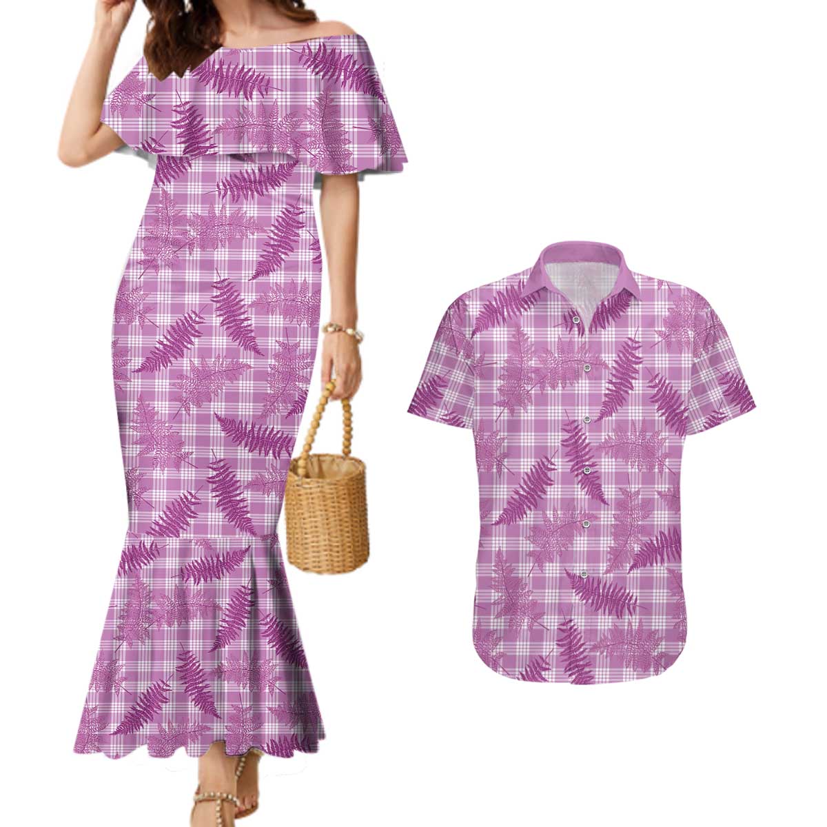 Pink Palaka Hawaii Palapalai Couples Matching Mermaid Dress and Hawaiian Shirt Hawaiian Fern LT14 Pink - Polynesian Pride