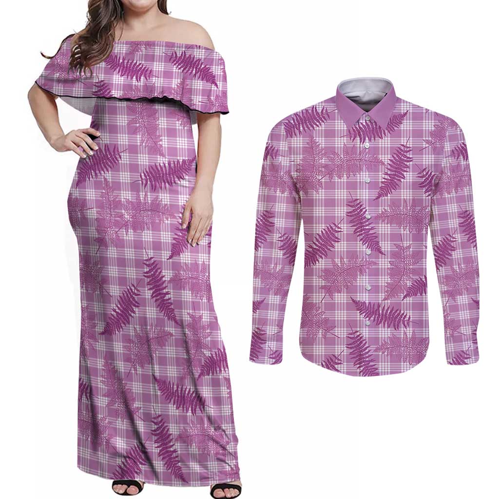Pink Palaka Hawaii Palapalai Couples Matching Off Shoulder Maxi Dress and Long Sleeve Button Shirt Hawaiian Fern LT14 Pink - Polynesian Pride