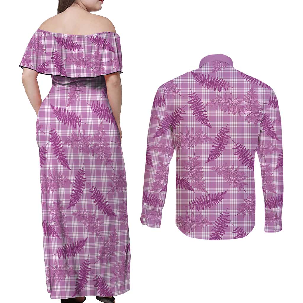 Pink Palaka Hawaii Palapalai Couples Matching Off Shoulder Maxi Dress and Long Sleeve Button Shirt Hawaiian Fern LT14 - Polynesian Pride