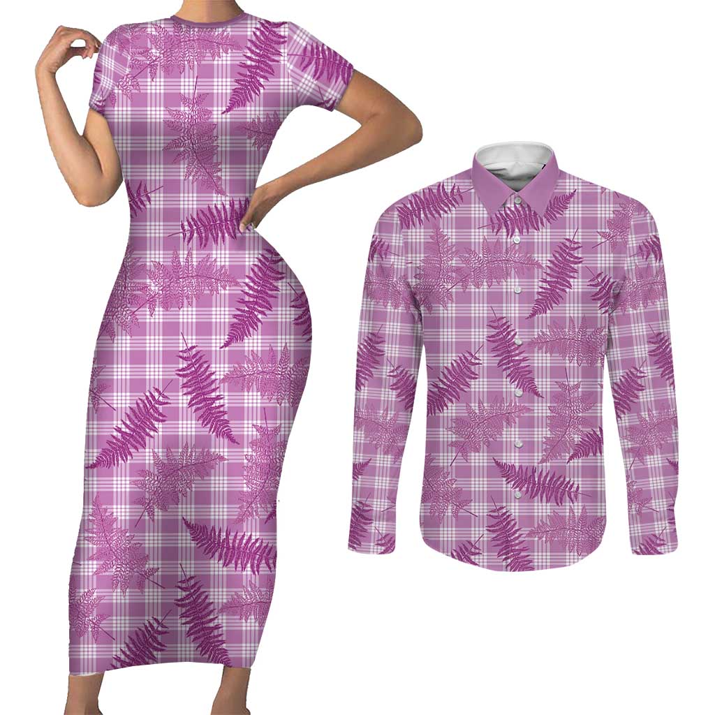 Pink Palaka Hawaii Palapalai Couples Matching Short Sleeve Bodycon Dress and Long Sleeve Button Shirt Hawaiian Fern - Polynesian Pride