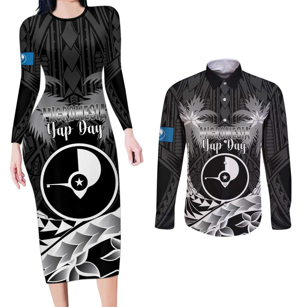 FSM Yap Day Couples Matching Long Sleeve Bodycon Dress and Long Sleeve Button Shirt 2025 Wa'ab Micronesia Black Color